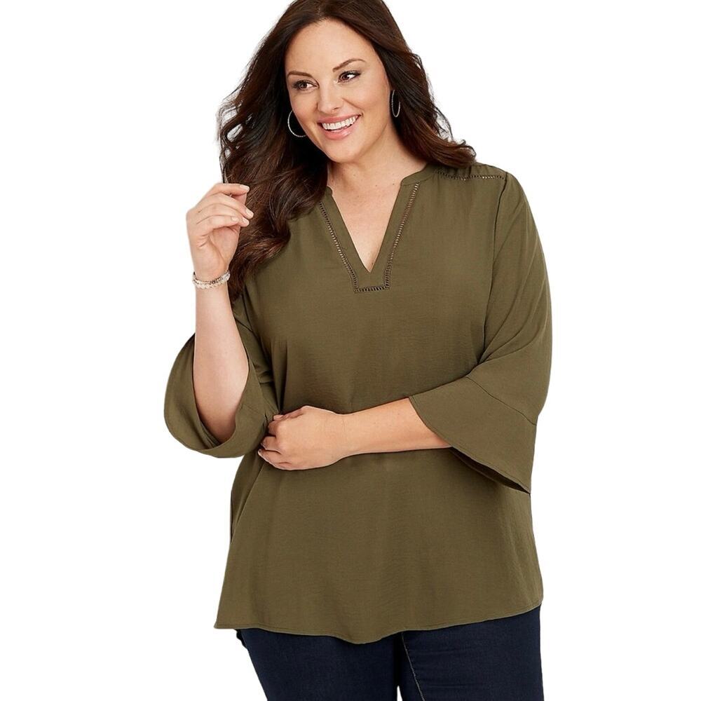 NWT Maurice's Popover Blouse Crochet Trim Tunic Top Plus Size 2 Olive Green